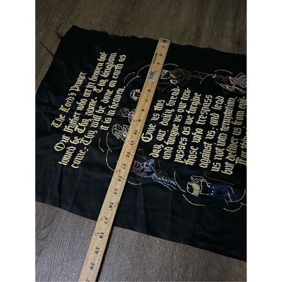 Vintage Hand Stitched The Lords Prayer Decor Unframed Fabric 26”x17” Black Gold - Picture 7 of 7